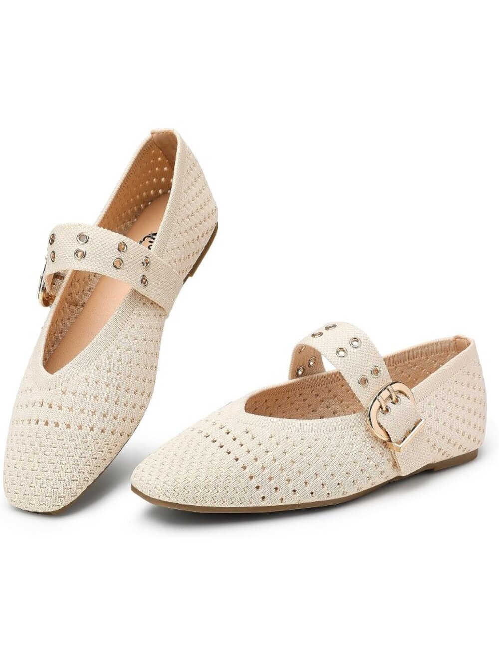Women's Beige Square Toe Ballet Flats with Buckle Straps Mary Jane Shoes